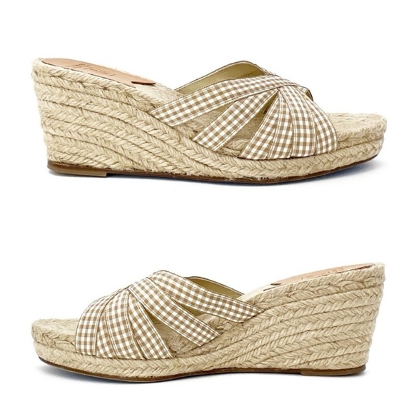 Stubbs & Wooton Kelly Espadrille Wedge Sandals Size 38 Tan White Gingham Check - Picture 4 of 12